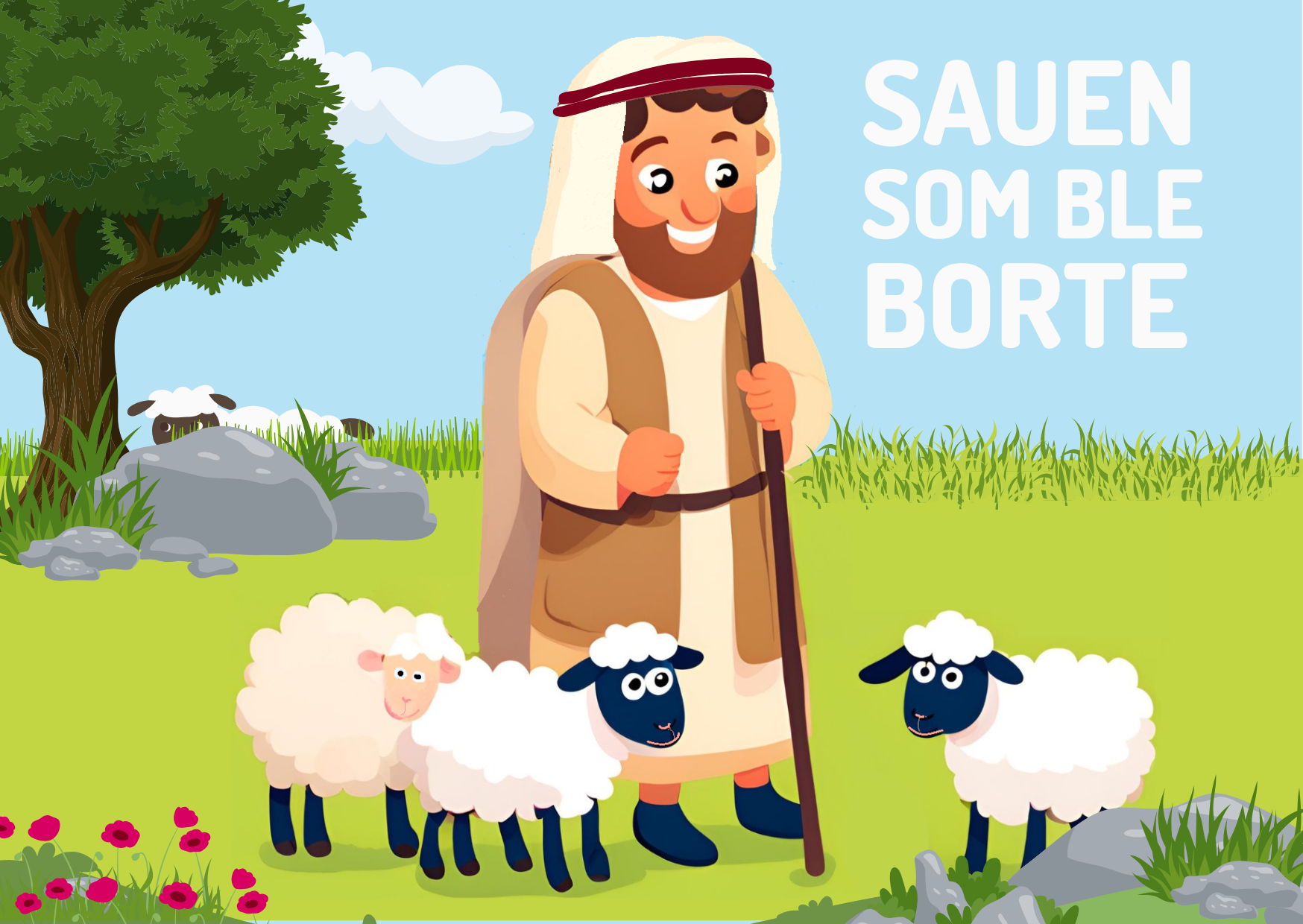 Sauen som ble borte. Gjeter og sauer. En liten sau er gjemt bak steiner og trær